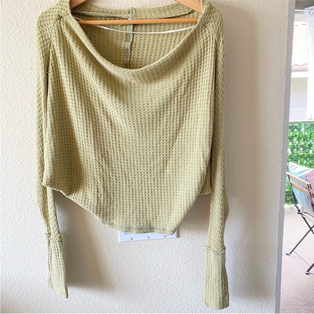 Free People Fuji Thermal Light Green Small Shirt Sweater Waffle Off Shoulder